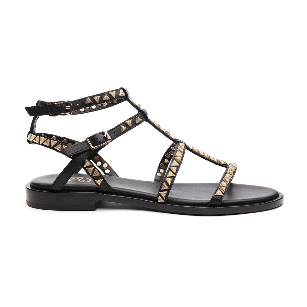 A Pandora01 gold triangle stud gladiator sandals