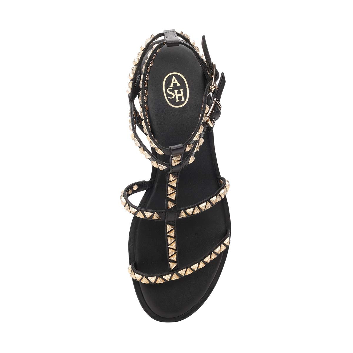 A Pandora01 gold triangle stud gladiator sandals