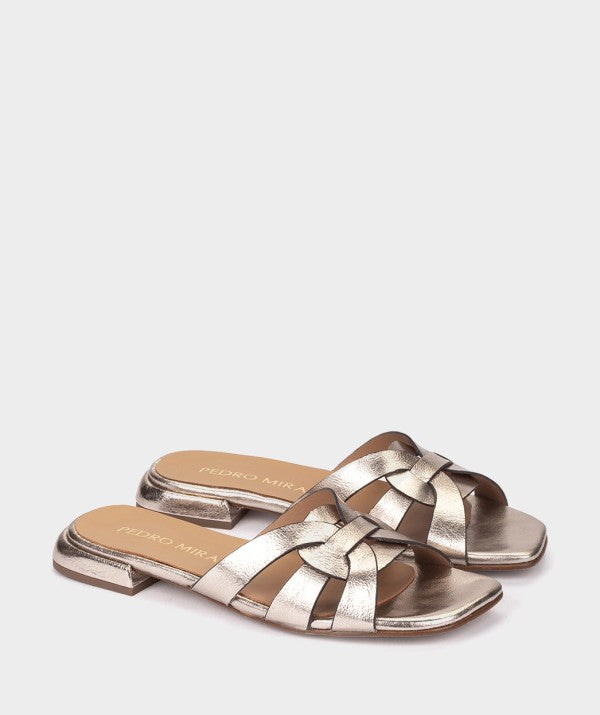 PM 17026 'YSL' metallic interwoven straps slider sandal