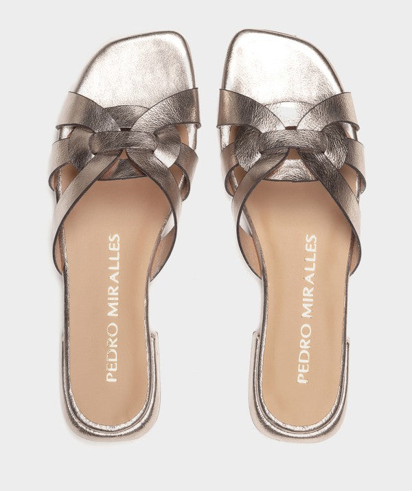 PM 17026 'YSL' metallic interwoven straps slider sandal
