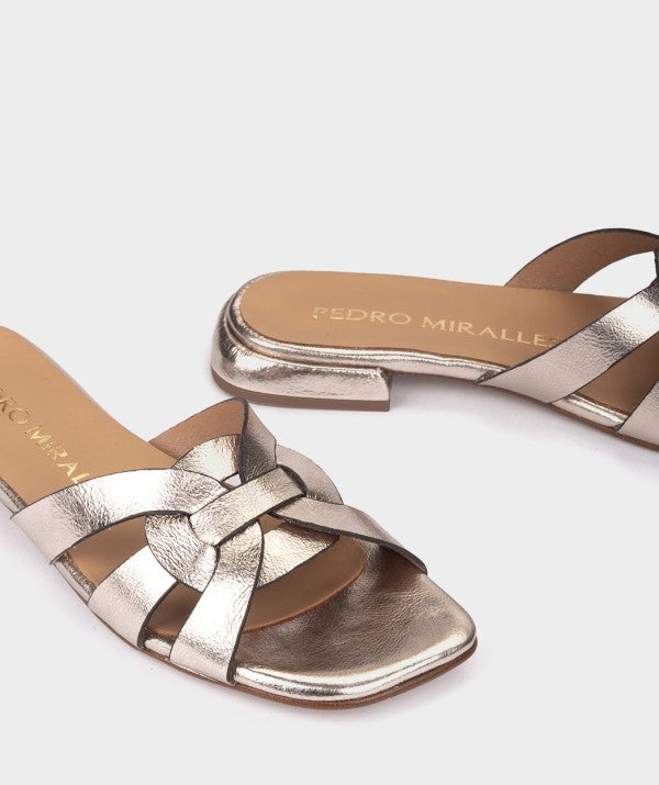 PM 17026 'YSL' metallic interwoven straps slider sandal