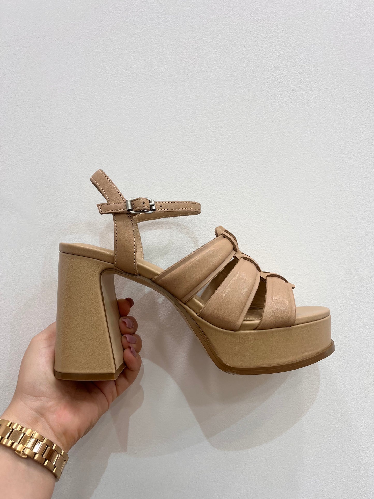 A Mina02 block high heel platform lea sandal