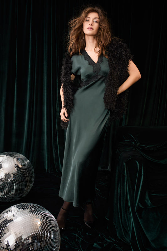 O 100035 Satin lace trim maxi dress