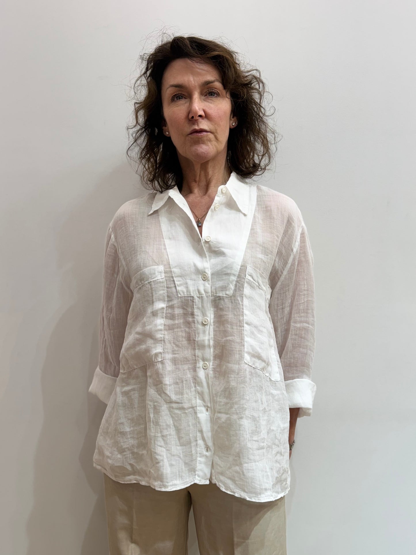 EC 68AO7027 Breast pocket, pleat back sheer blouse
