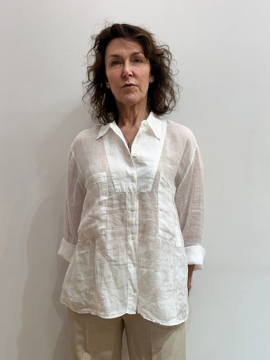 EC 68AO7027 Breast pocket, pleat back sheer blouse